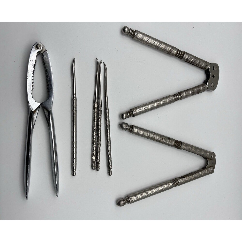 Vtg Nutcracker & Picks 7 Pc Set Cast Metal Seafood Lobster Crab Shellfish Tools